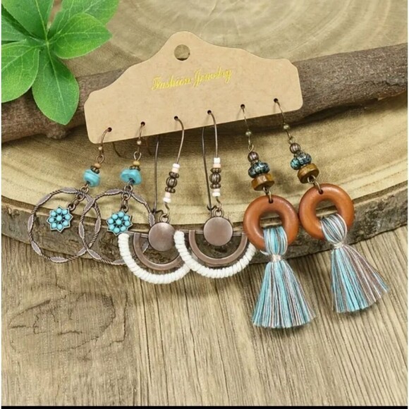 BRONZE wood beaded drop tassel earrings boho fringe tribal jewelry - Picture 1 of 4